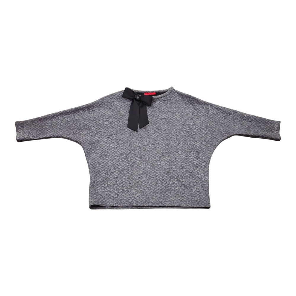Carolina Herrera Womens L Gray Textured Knit Sweater Black Bow Dolman Sleeve